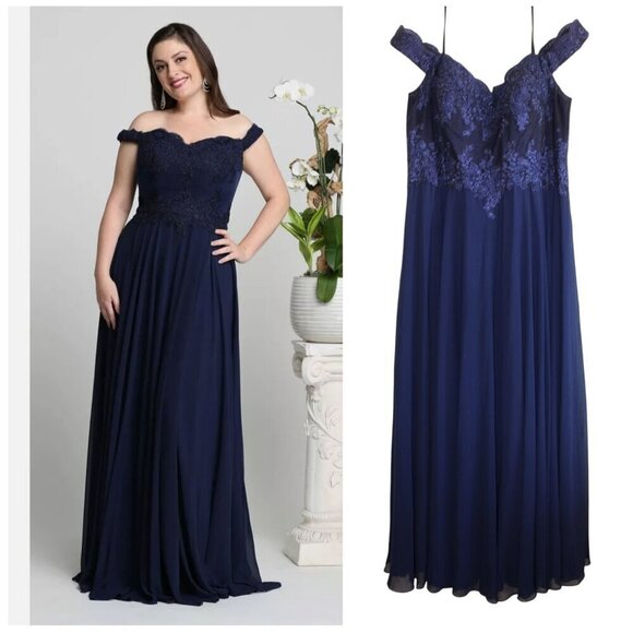 NWT Cinderella Divine Chiffon Maxi Dress 4XL Embellished Gown Blue Off Shoulders - Picture 1 of 12